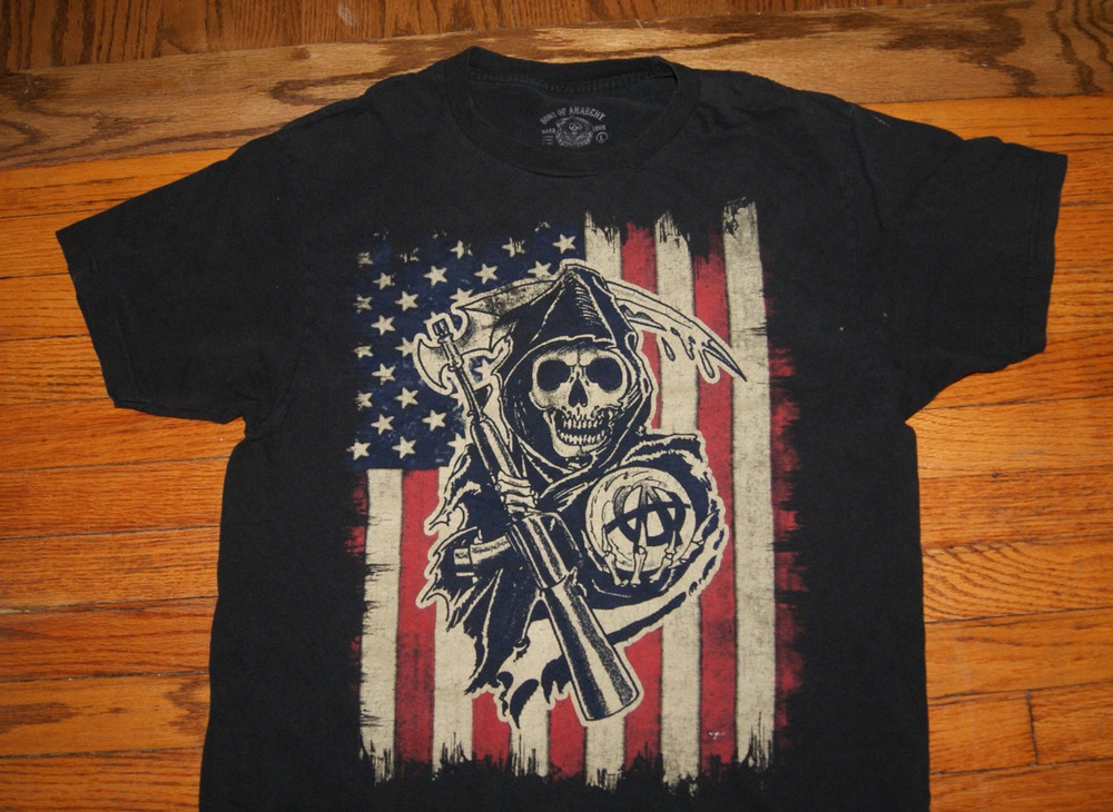 SONS OF ANARCHY Mens L TSHIRT Biker Skull USA American Flag Motorcycle Club